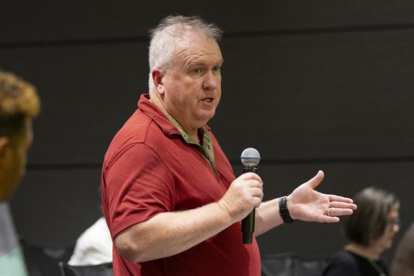 George Dehner, associate history professor and history senator, speaks to the Faculty Senate on Aug. 28, 2023, about an informational video on the importance of tenure and academic freedom. (File photo)