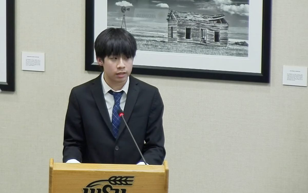 Vincent Duong addresses the Student Senate as a nominee for an associate justice in the Student Government Association. Photo courtesy of the Wichita State SGA YouTube. 