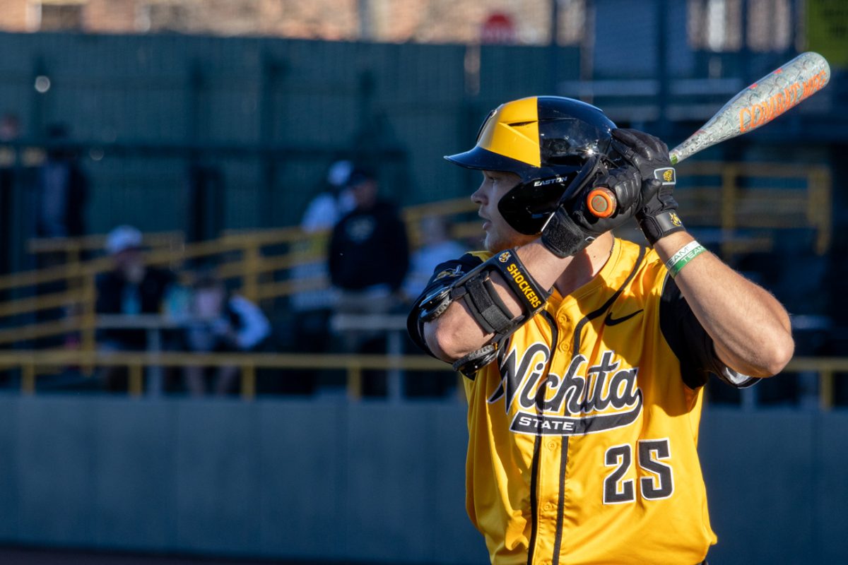 Wichita State baseball redshirt senior infielder Owen Washburn (25) waits for a pitch against Omaha on Feb. 26 at Eck Stadium. Washburn hit the Shockers' only home run in game one of a four-game series.