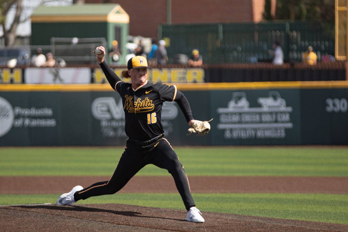 WSU baseball redshirt junior pitcher Caleb Reed (16) reaches back to pitch against Nebraska on March 18 at Eck Stadium. The first pitch was thrown out around 2 p.m. (File photo)