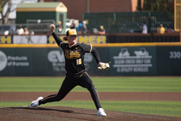WSU baseball redshirt junior pitcher Caleb Reed (16) reaches back to pitch against Nebraska on March 18 at Eck Stadium. The first pitch was thrown out around 2 p.m. (File photo)