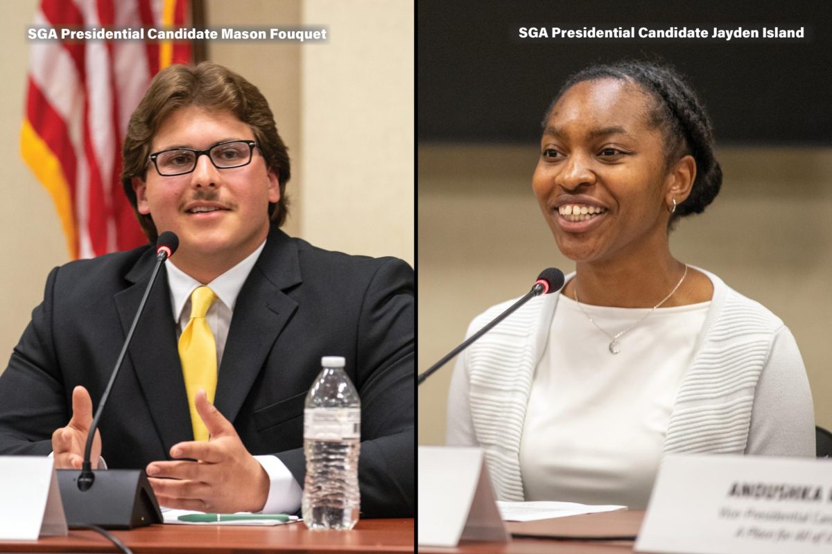 SGA presidential candidates Mason Fouquet (left) and Jayden Island (right) answer questions during a debate. 