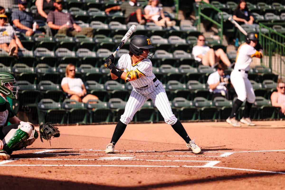 Wichita State softball senior Jodie Epperson lines up in the batter's box against South Florida on March 28 at the USF Softball Stadium in Tampa, Fla. (Photo courtesy of Wichita State Athletics)