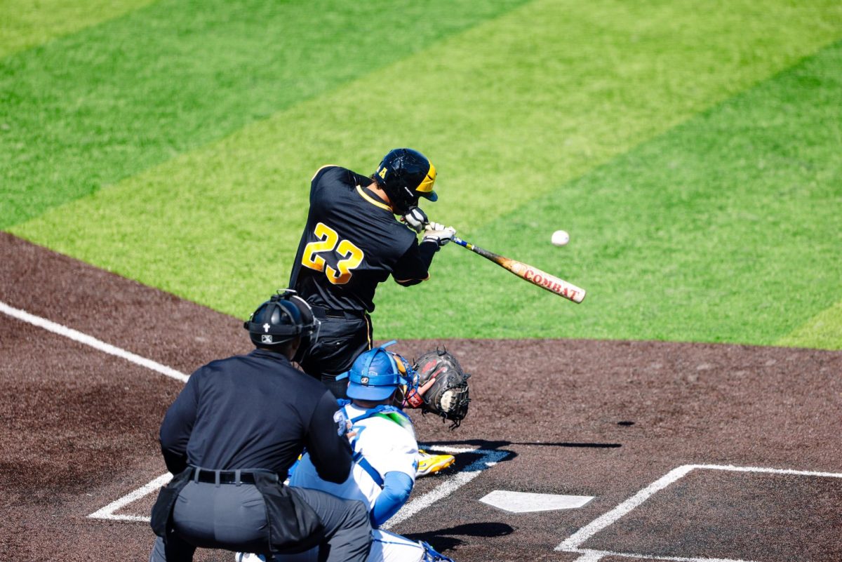 Wichita State baseball senior Jayson Jones (23) swings during a game against Memphis on March 28 at FedEx Park in Memphis, Tenn. (Photo courtesy of Nick Flynn / Wichita State Athletics)
