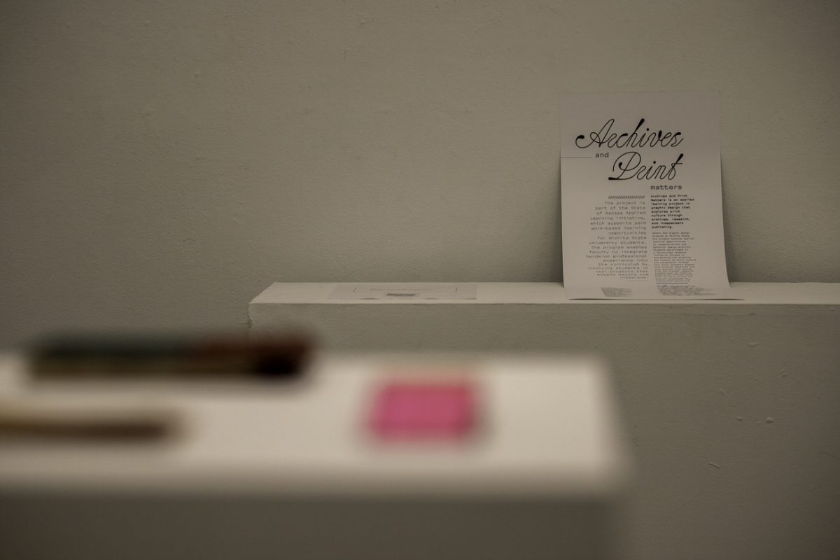 Artwork is displayed at the Building Futures: Printing Women exhibition in the McKnight Art Center at Wichita State University. Kansas Applied Learning initiative has funded this exhibition.