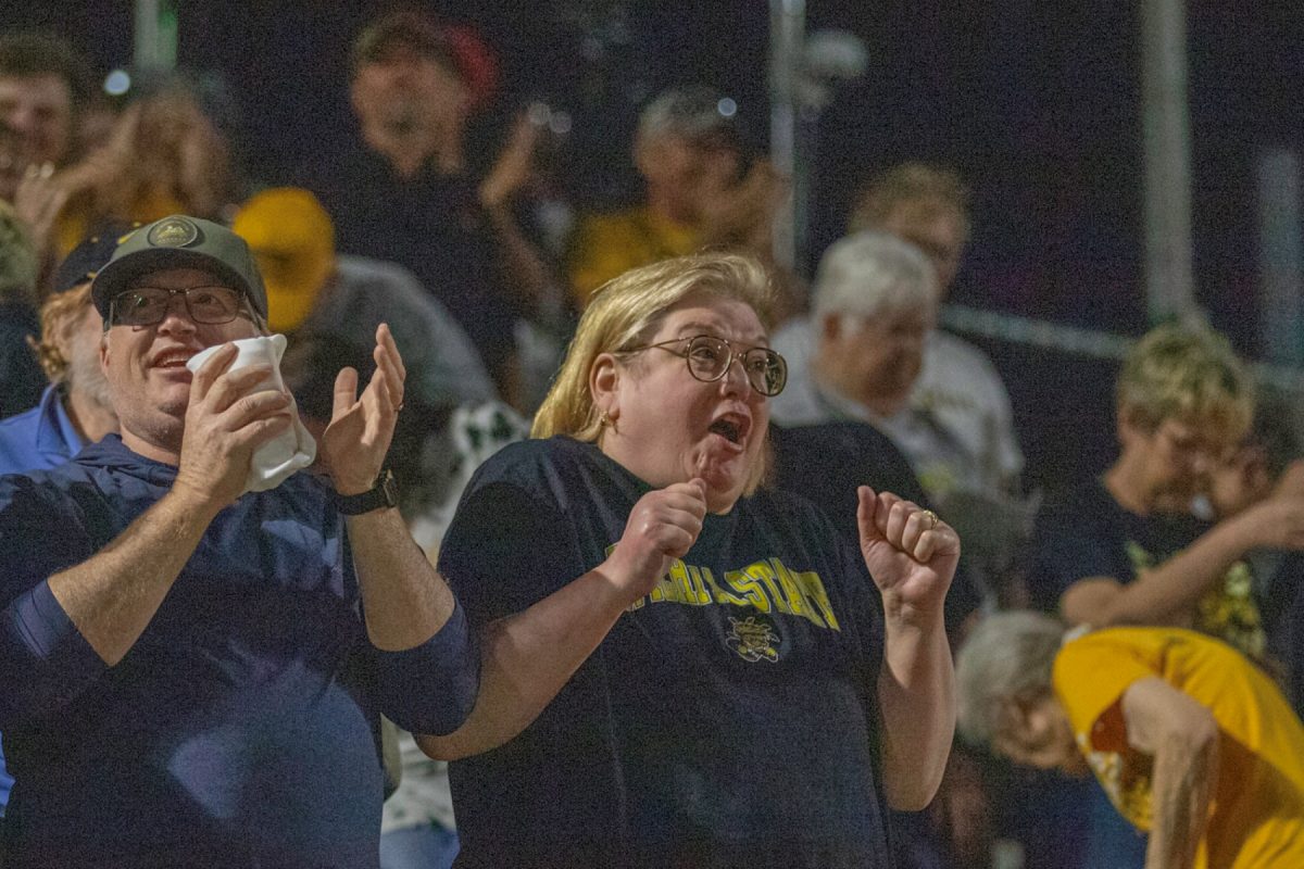 Wichita State softball fans celebrate after junior infielder Trinity Allen hit a walk-off home run against Florida Atlantic on March 20 at Wilkins Stadium. There were 637 fans in attendance.
