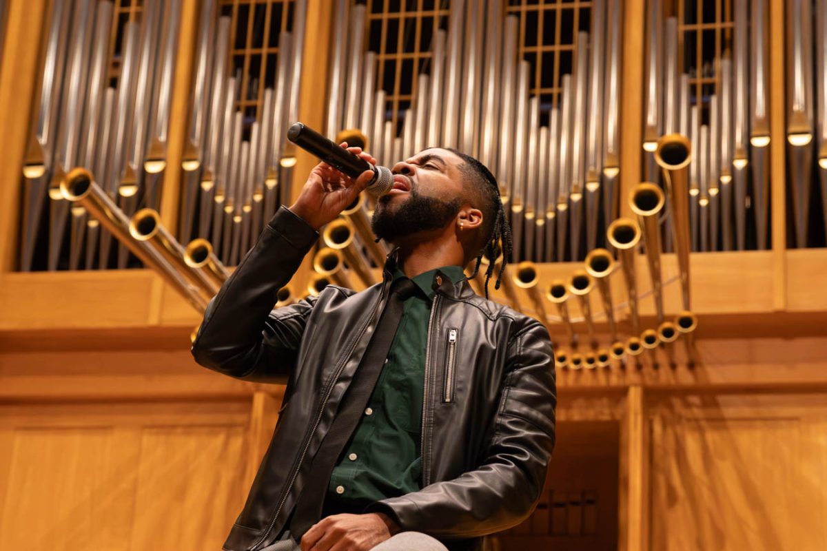 Julius Thomas III sings during his One-Night Only with Julius Thomas III event at Wiedemann Hall. The event was held in collaboration with the School of Performing Arts.