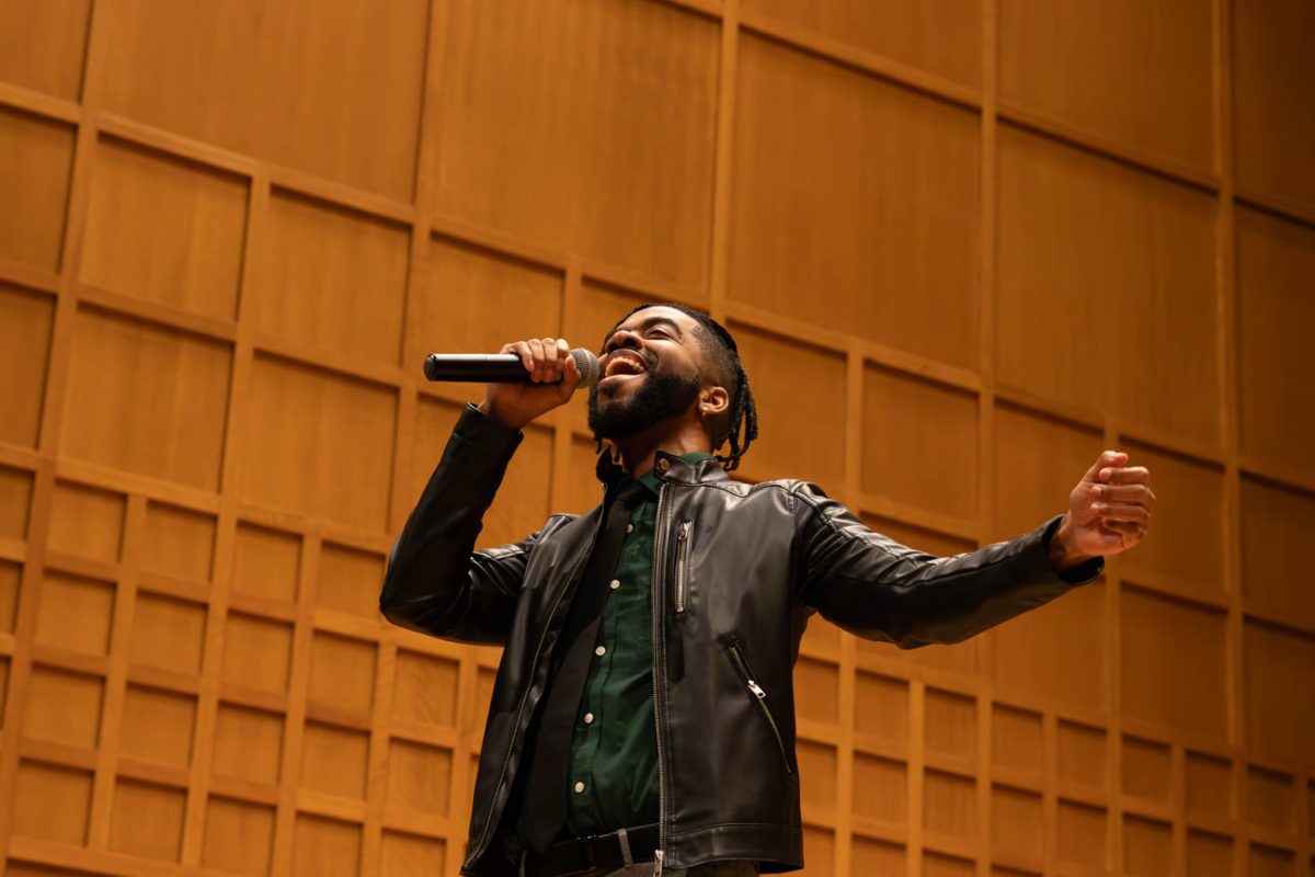 Wichita State graduate Julius Thomas III belts it out at his Thursday performance in Wiedemann Hall. Thomas is a NAACP Theatre Award and Helen Hayes Award-nominated actor.