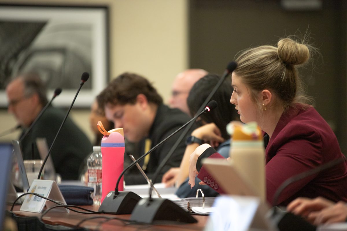 Underserved Commissioner Grace Naylor asks a question during the student fees hearings.