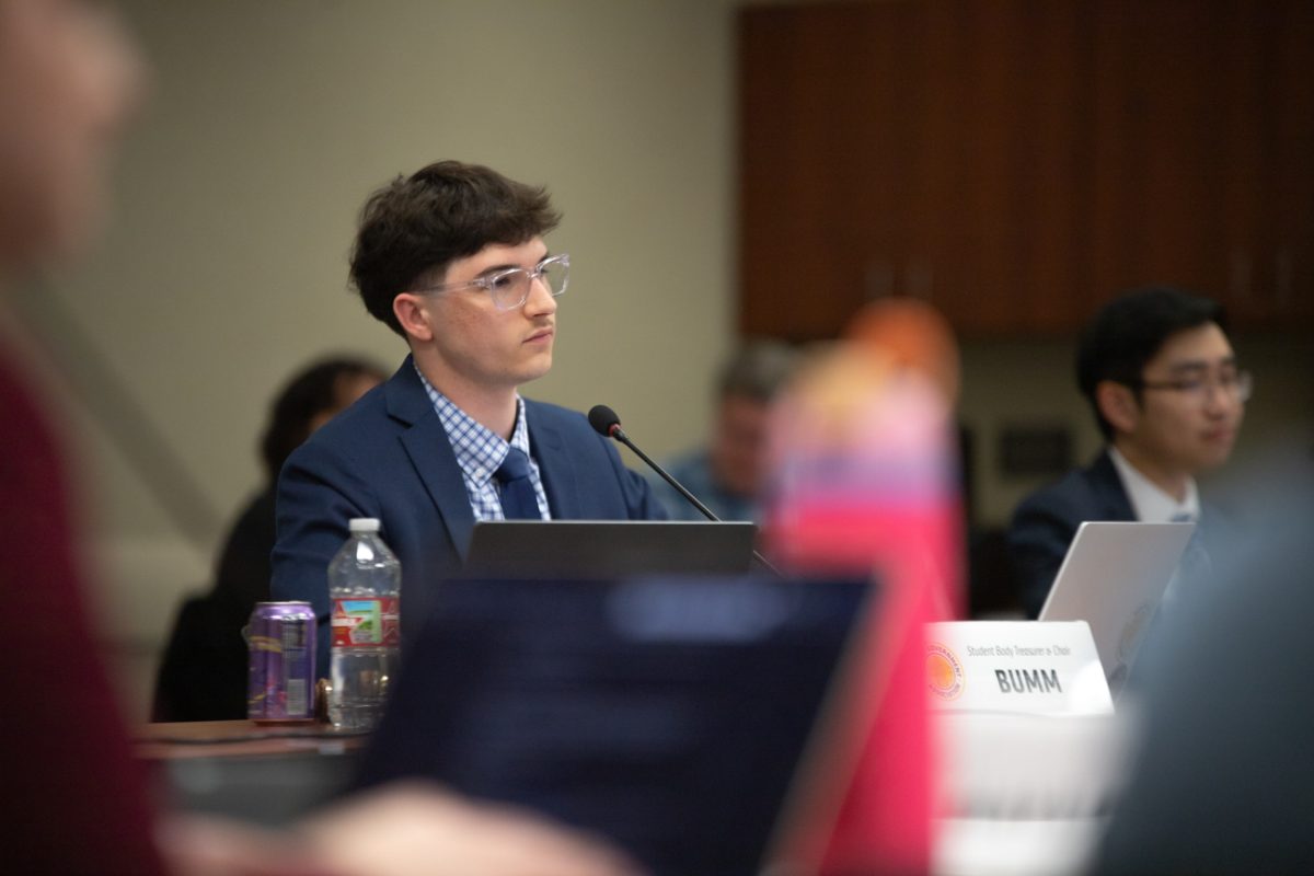 Student Body Treasurer and Chair Luke Bumm listens to a student fee presentation during the student fees hearings. The hearings lasted three days. 