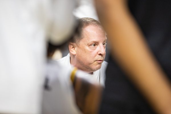 Wichita State men's basketball coach Paul Mills speaks to the Shockers during a timeout on Nov. 4 at Koch Arena. (File photo)