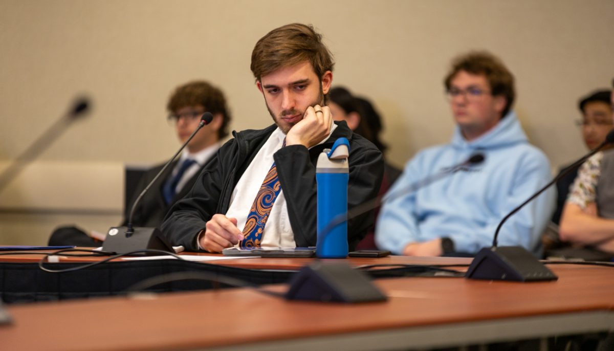 Junior Joseph Robertson listens as the hearing goes on. Robertson was fast tracked as a member of Baja SAE which typically takes a semester.