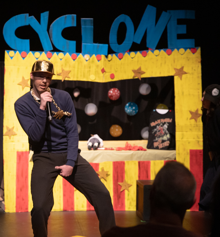 Sebastian McGinity-Kinderknecht grabs his crothc during "This Song is Awesome."  McGinity-Kinderknecht played Mischa Bachinski, a Ukranian bad boy who rapped with autotune.