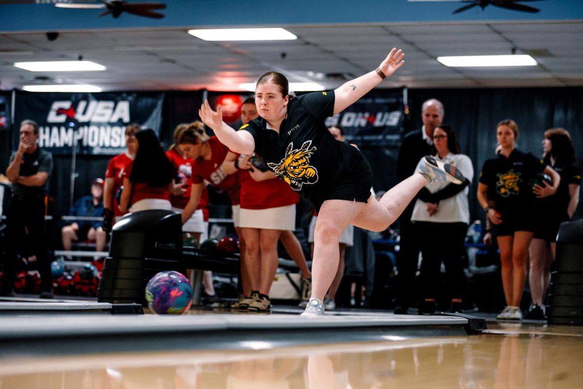 Wichita State women's bowling junior Ashtyn Woods throws during the Conference USA Championships at Colonial Lanes in Harahan, La. (Photo courtesy of Bryan Chavez / Wichita State Athletics)