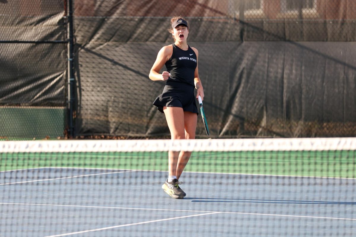 Wichita State women's tennis senior Theodora Chantava yells in celebration after scoring a point against South Florida March 27 at the Sheldon Coleman Tennis Complex. Chantava won her singles match 6-2, 6-1.