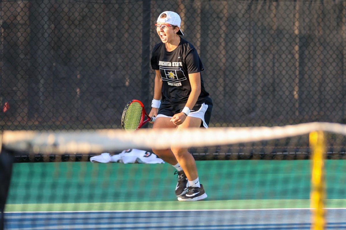 Wichita State women's tennis junior Giorgia Roselli celebrates after winning her first singles set against South Florida on March 27 at the Sheldon Coleman Tennis Complex. The Shockers won the match, 4-0.