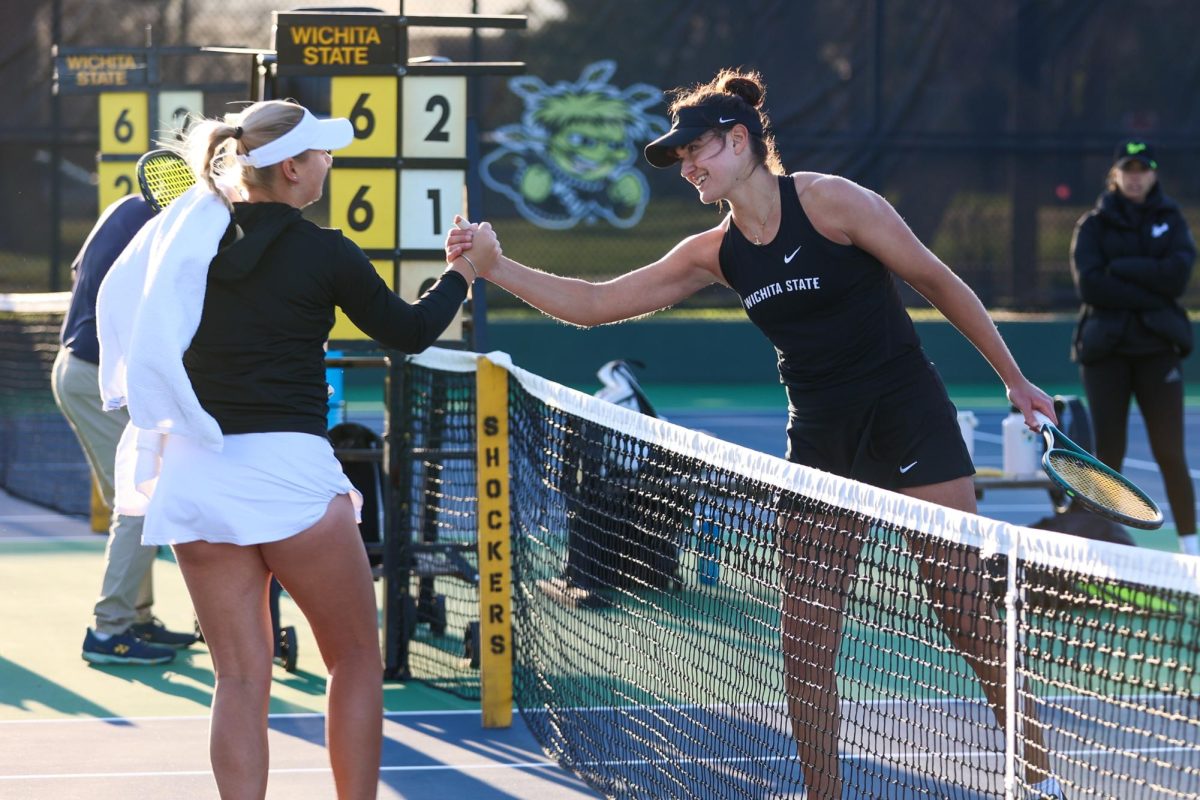 Wichita State women's tennis player Theodora Chantava shakes hands with her opponent for South Florida on March 27 at the Sheldon Coleman Tennis Complex. Chantava is ranked No. 124 in the latest individual ITA rankings.
