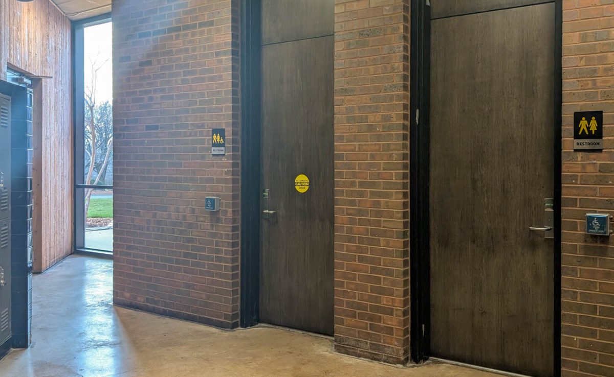 Single-stall restrooms on the first floor of the McKnight Art Center. Under Kansas' new law, multi-stall restrooms must be single-sex, and people are restricted to use facilities based on their sex as recorded at birth. 