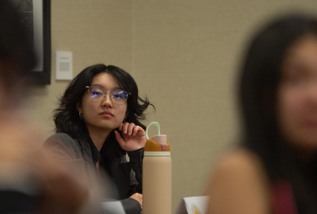 Student Body President Jia Wen Wang watches the Student Senate debate a piece of legislation at the March 4, 2026, senate meeting. 