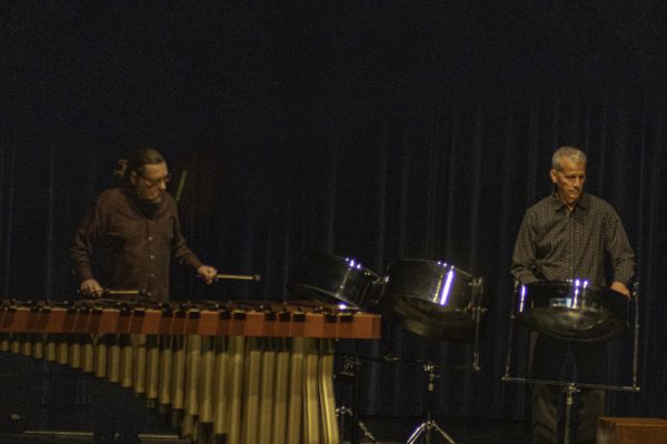 Dan Moore and Mat Britain perform Chick Suite on April 20. The duo are Wichita State aluminis.