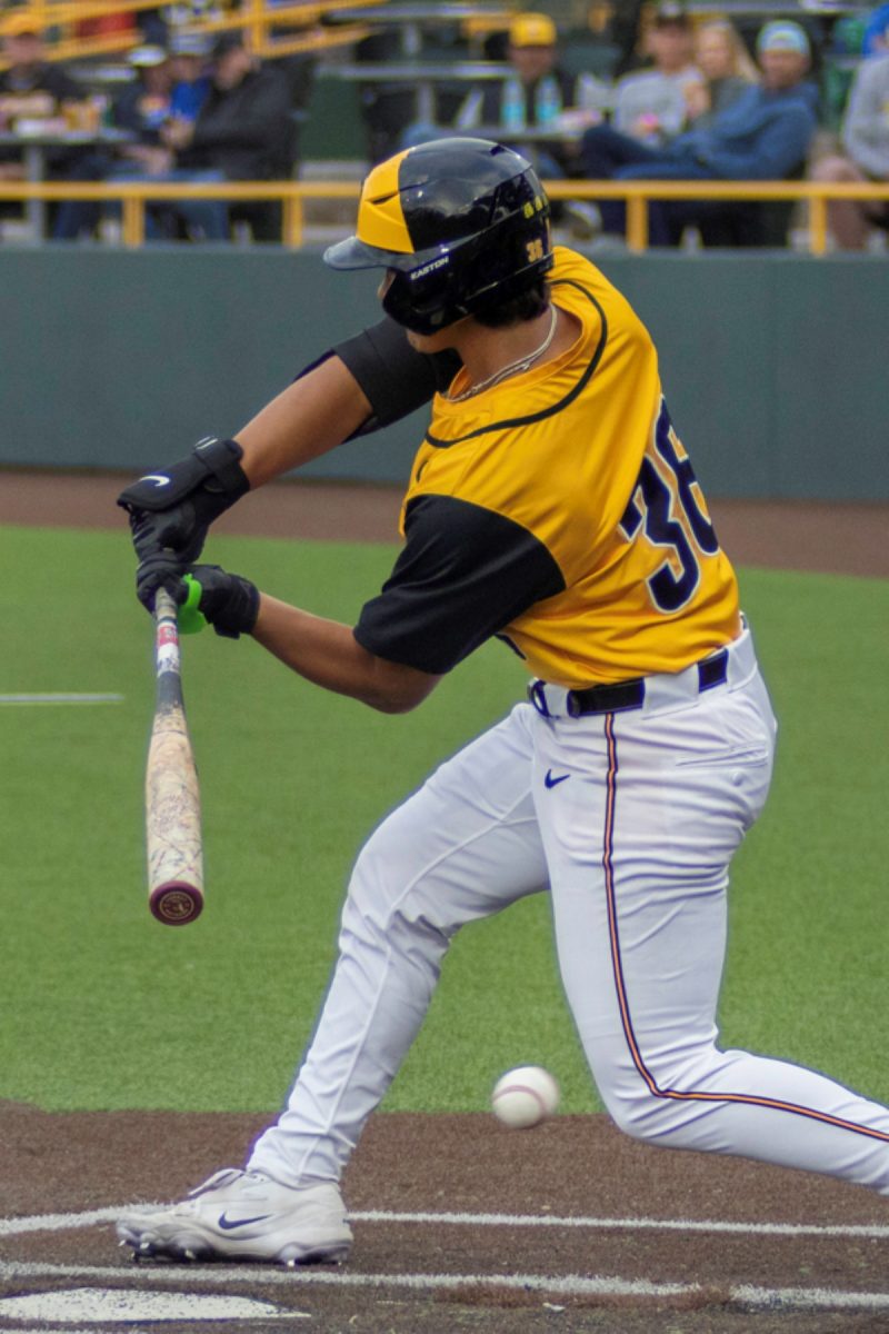 Wichita State baseball redshirt junior catcher Dominic Archila (36) misses on a swing against No. 11 Kansas on April 28 at Eck Stadium. The Shockers hit 8-for-33 as a team against the Jayhawks.