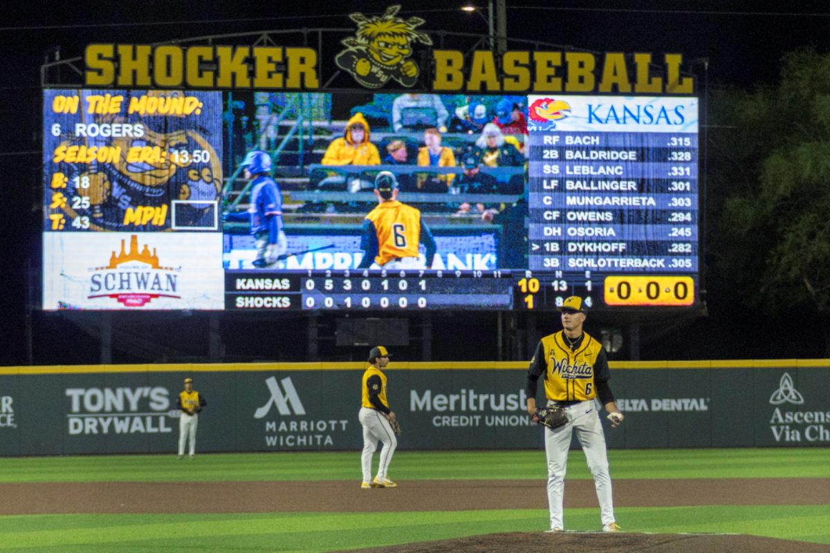 Wichita State baseball freshman pitcher Ethan Rogers (6) steps onto the mound during a game against No. 11 Kansas on April 28 at Eck Stadium. Rogers gave up five runs on five hits in two innings pitched.