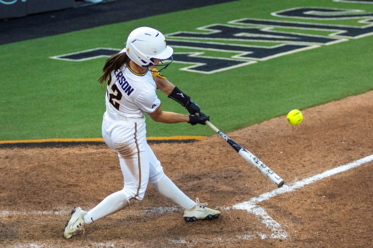 Wichita State softball senior Jodie Epperson (22) makes contact against Tulsa on April 2 at Wilkins Stadium. The ball eventually went yard for Epperson's seventh home run this season.
