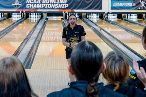 Wichita State women's bowling sophomore Morgan Kline screams after striking at the NCAA Arlington Regional at the International Training and Research Center in Arlington, Texas. (Photo courtesy of Bryan Chavez / Wichita State Athletics)
