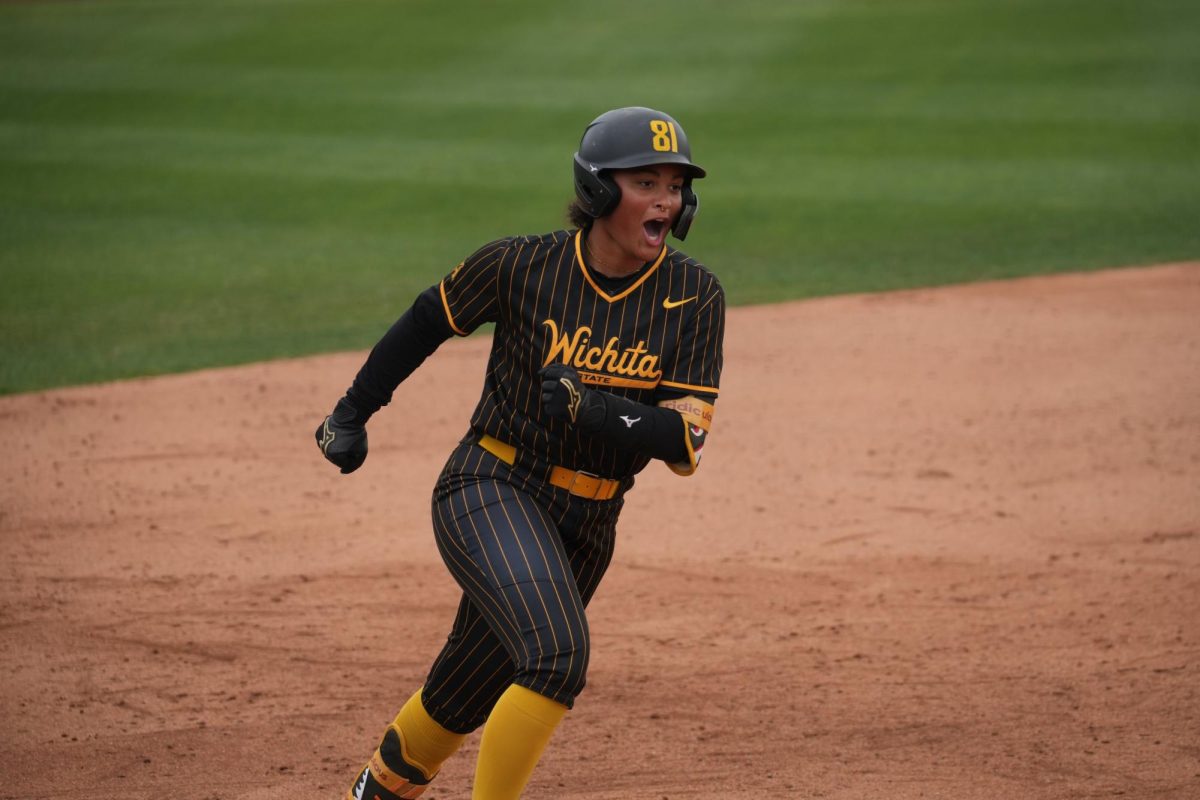 Wichita State softball sophomore Ausha Moore (81) rounds third base after hitting her second of three home runs against Charlotte April 19 at Sue M. Daughtridge Stadium in Charlotte, N.C. (Photo courtesy of Wichita State Athletics)