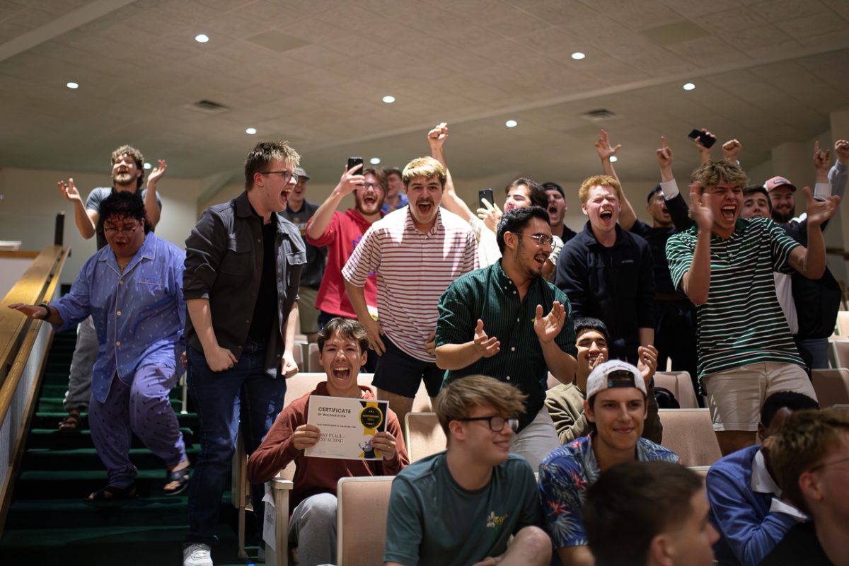 Students from the Sigma Phi Epsilon fraternity celebrate after being named the winners of the 98th annual Hippodrome skit and variety show. Hippodrome is the longest running campus tradition at Wichita State.