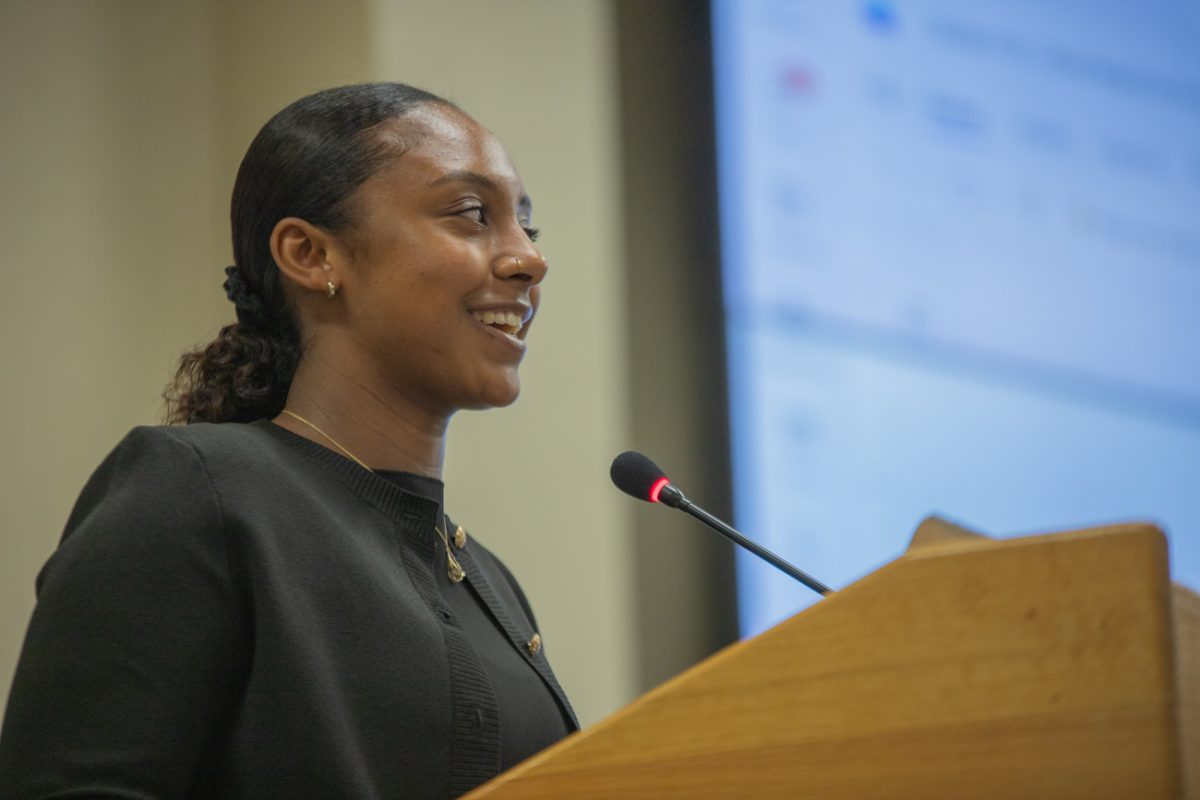 Kailene Vea-Spencer speaks to the Student Senate. Vea-Spencer was appointed to the Student Supreme Court by the senate on April 15.