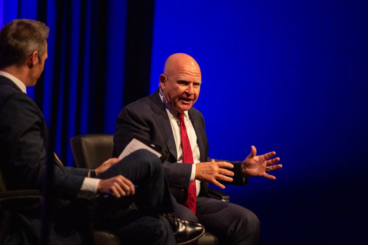 Retired Lt. Gen. H.R. McMaster discusses various topics at the moderated Barton Speaker Series. The event took place at the Miller Concert Hall on April 8.