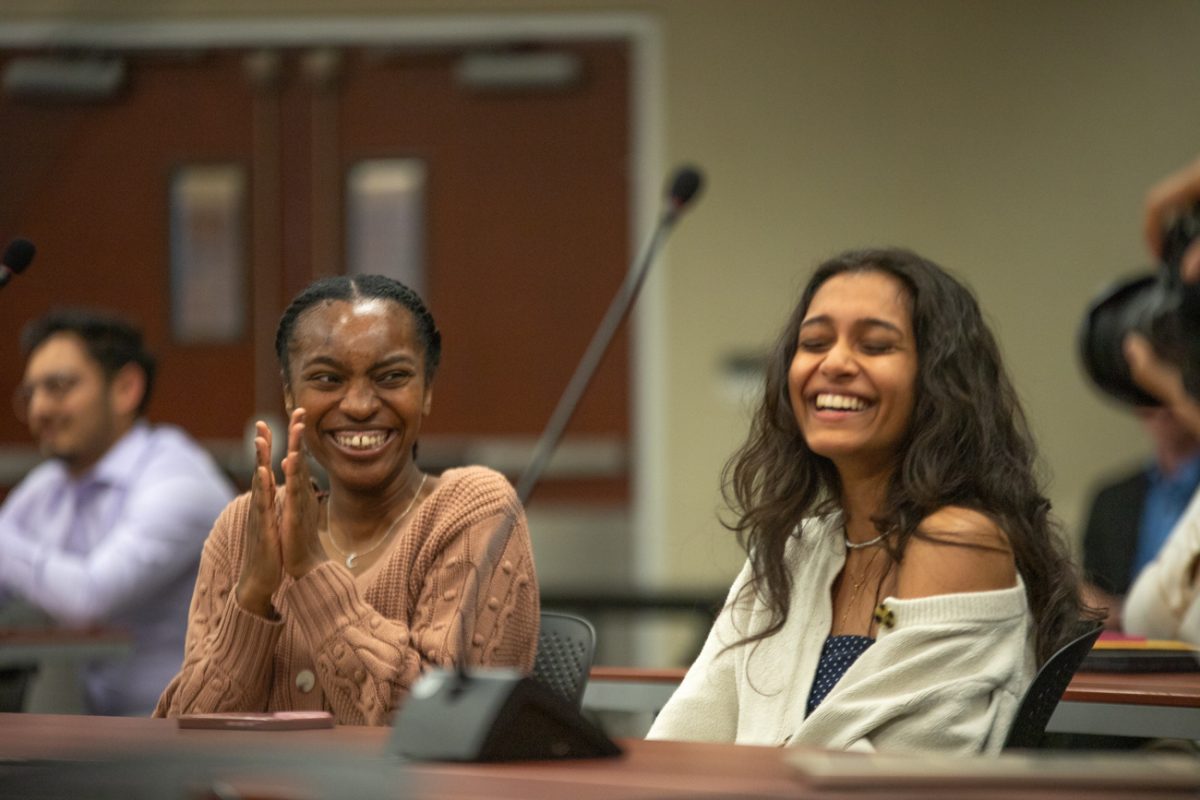 Student Body President Elect Jayden Island and Vice President Elect Anoushka Raju celebrate after the announcement they won the presidential race. The ticket received nearly two-thirds of the total votes.