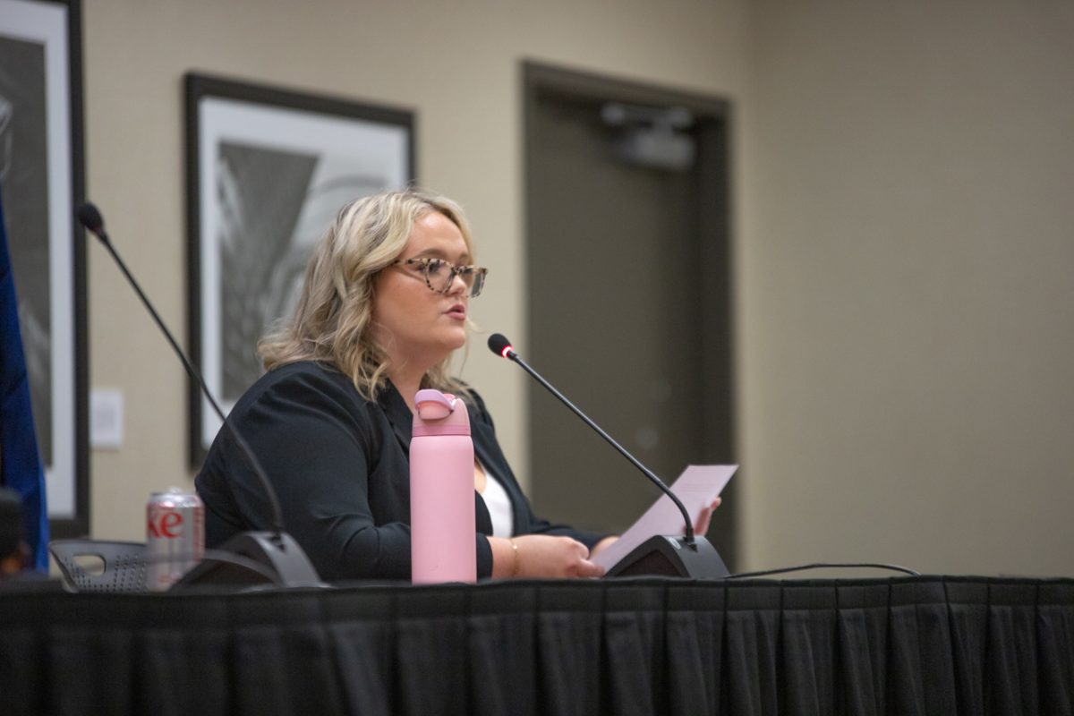 Chief Elections Commissioner Elizabeth Anglin announces the winners of the 2026 Student Government Association general election. Voter turnout was down by around 100 students from the year prior.