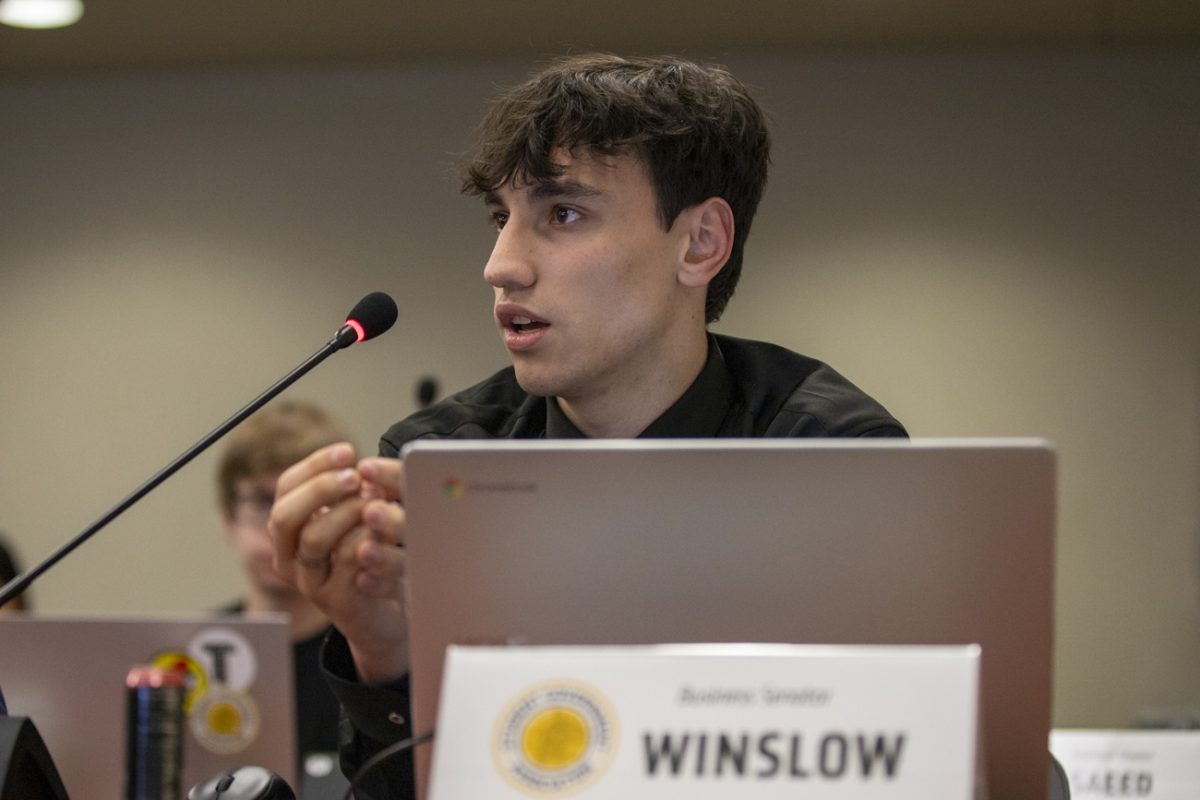 Senator Jamie Winslow asks a question during a student senate meeting. SGA meets every Wednesday at 7:30 p.m. in the RSC Santa Fe room. 