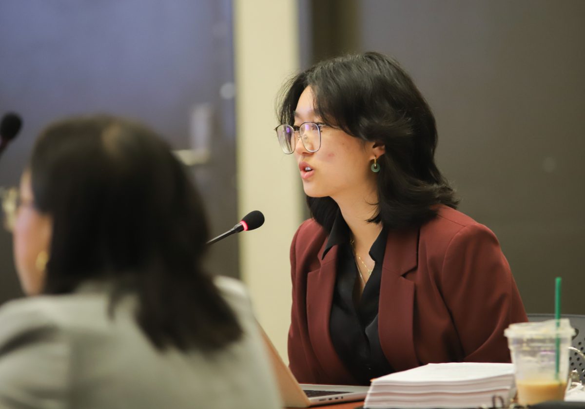 Student Body President Jia Wen Wang speaks during the 2026 student fees deliberations on March 5. During the student fees process, Wang serves as the underserved commissioner. 