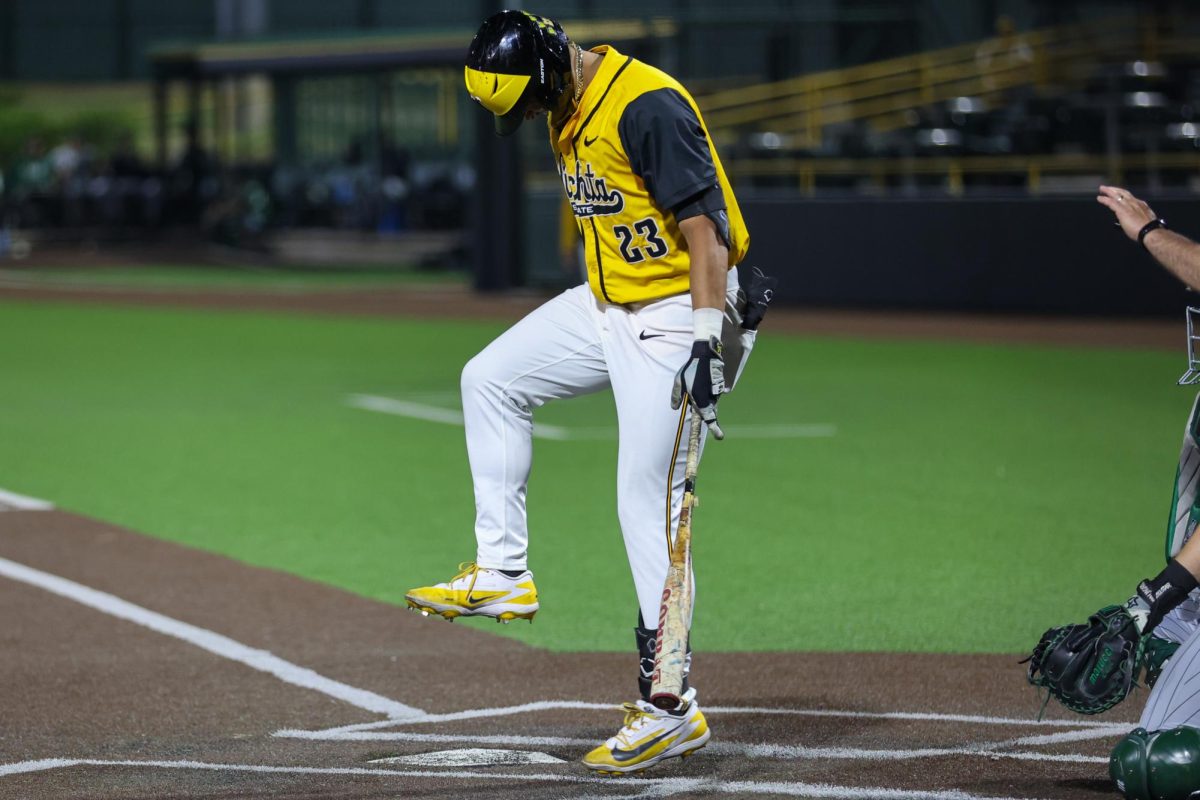 Wichita State baseball senior Jayson Jones (23) hops after fouling a ball off his foot against Tulane on April 2 at Eck Stadium. Jones increased his hit streak to 22 games after a 1-for-4 night in the batter's box.
