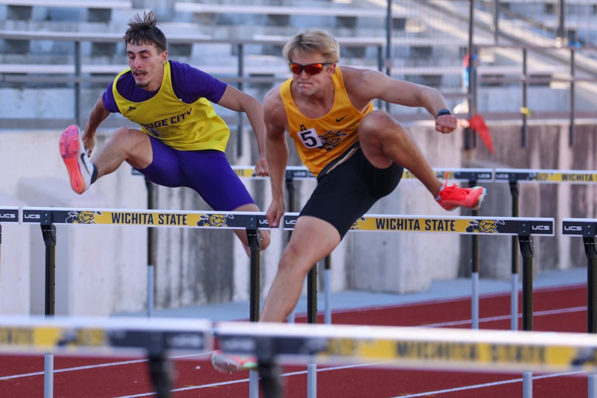 Wichita State track and field senior Luke Porter jumps over a hurdle during the 110-meter hurdles at the Shocker Open on May 8 at University Stadium. Porter has received another year of eligibility through a medical hardship waiver.